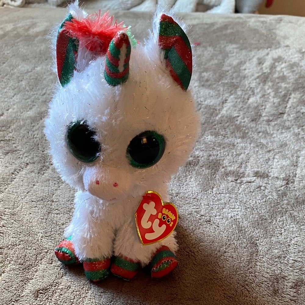 Ty Boo’s December 21st White Unicorn Plush with Red and Green Accents